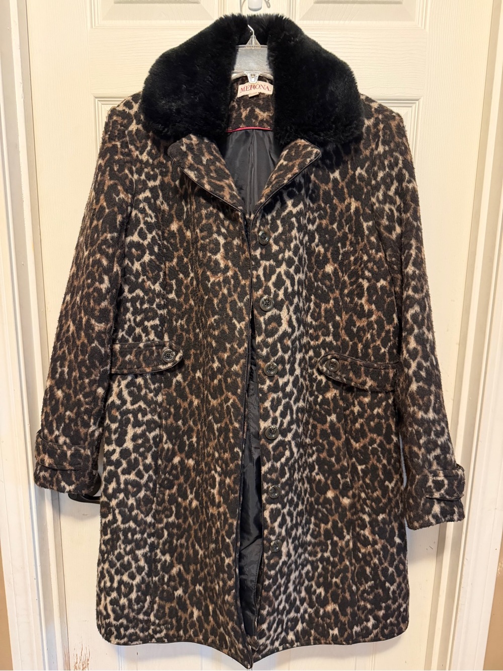 Merona Leopard-Print Pea Coat with Black Faux Fur Collar